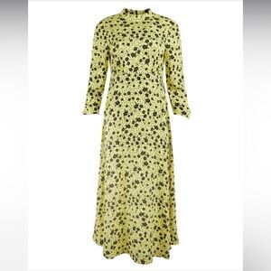 Oliver Bonas Martha Yellow Floral Print Midi Dress size 10 long sleeves‎